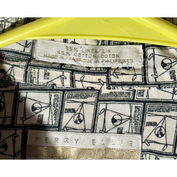 Perry Ellis M Linen Cotton Shirt Abstract Golf Print Short Sleeve Button Front - Picture 4 of 5